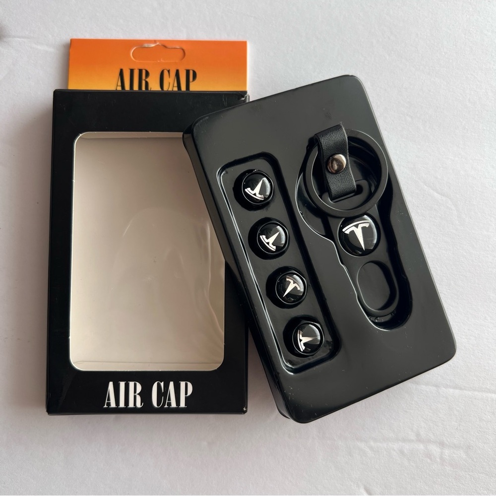 Car Wheels Tire Valve Dust Stem Air Cap Cover + Keychain Ring With Tesla Logo Bk